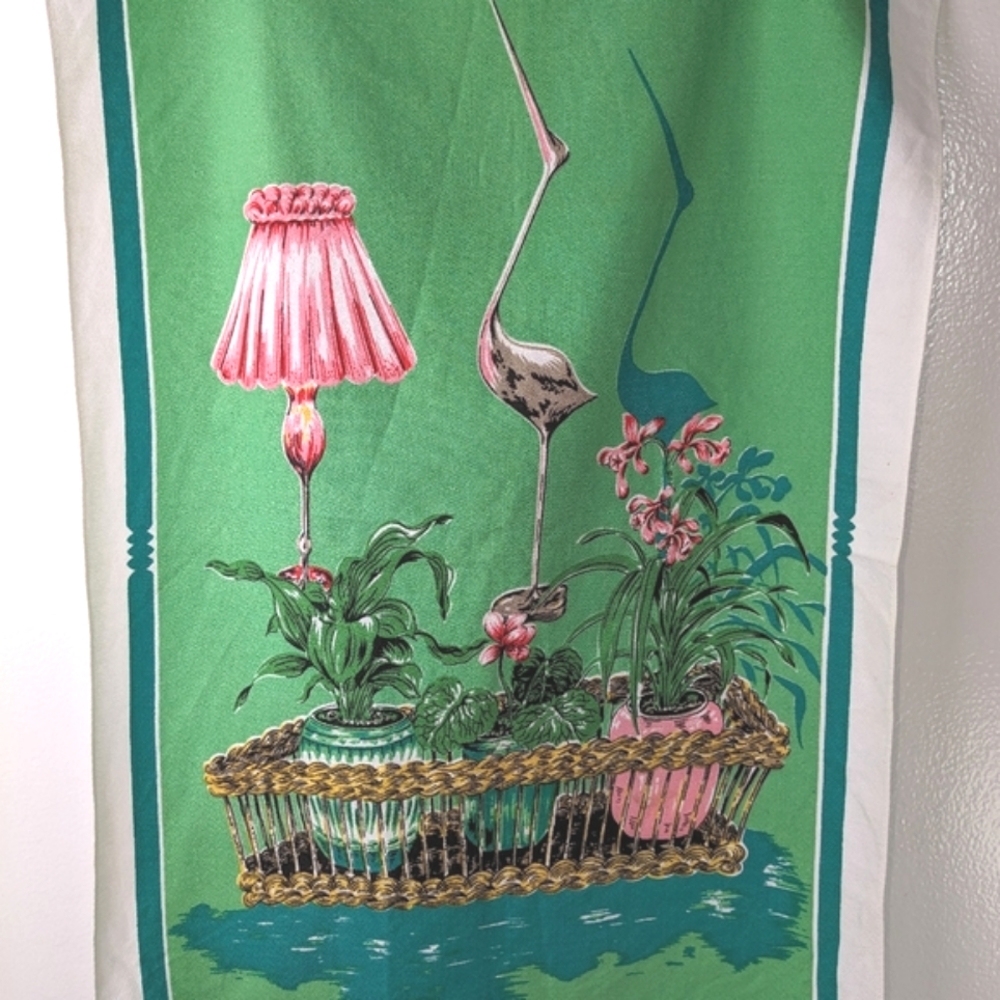 New Vintage Tea Towel Green Pink Florida Colours Plants Baskets Circa 1950
